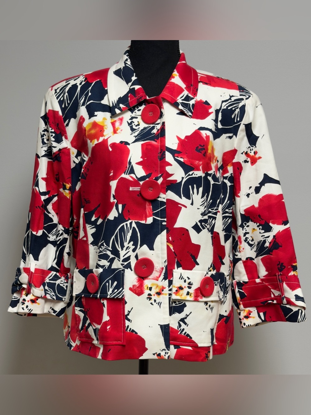 Coldwater Creek Bold Floral Blazer Jacket Red Navy White Sz 16 NWT Cotton Blend